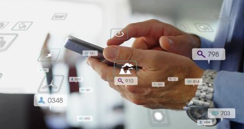 Hands Using Smartphone with Floating Notifications and Digital UI Overlays for Business