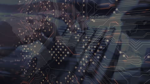 Futuristic Circuit Board Overlay on Typing Hands
