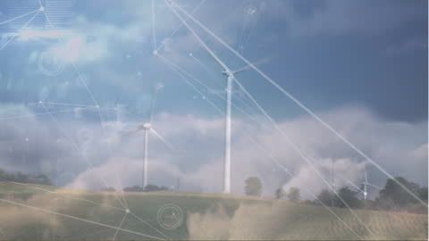 Futuristic Digital Network Over Wind Farm Landscape