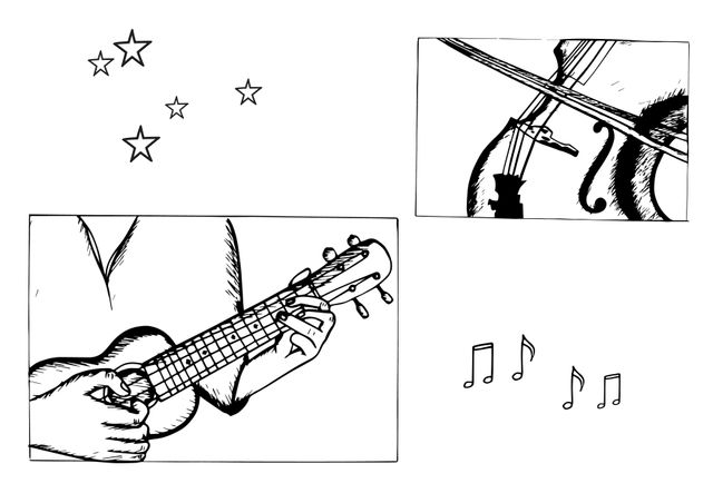 Abstract sketches of musical instruments with stars and musical notes. Illustrates a guitar and violin, perfect for creative projects involving music. Use for posters, music event flyers, educational materials, and artistic decor.