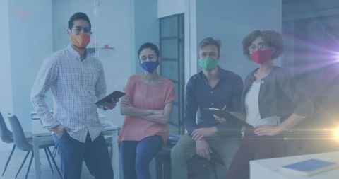 Office Team Wearing Colorful Masks Collaborating on Project