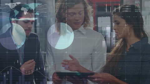 Diverse Business Team Discussing Data with Digital Graphs Overlay