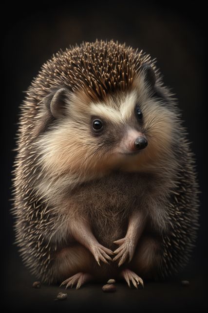 Cute hedgehog sitting and looking directly at the camera on a dark background. Ideal for wildlife posters, animal blogs, educational materials, and nature presentations to emphasize small, unique animals.