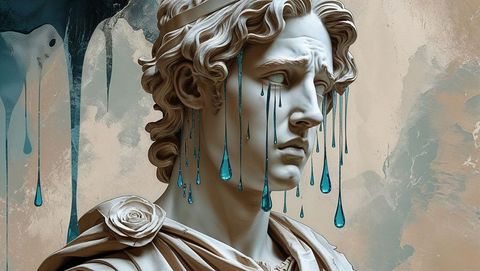 Classic marble bust shedding blue teardrop pigments in contemporary art fusion