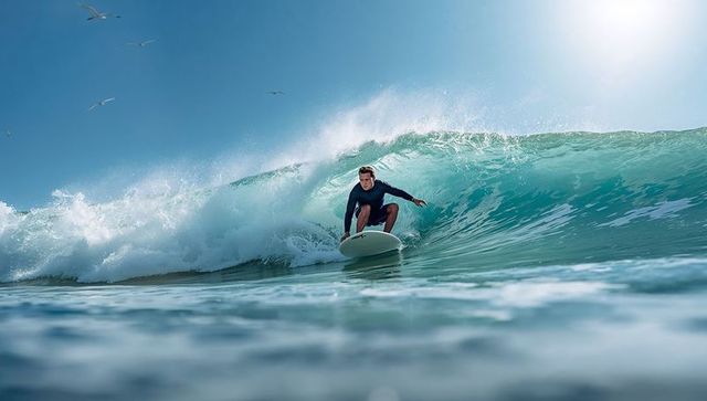 Surfer crouching inside turquoise wave barrel with seagulls in sky