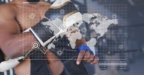 Boxer holding glove across chest, training with blue hand wrap and futuristic global hud