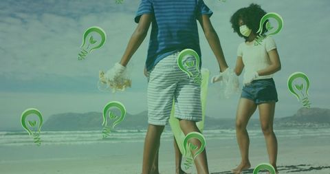 Siblings Collecting Beach Debris Promoting Environmental Awareness