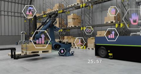 Futuristic Automated Warehouse with Data Interface and Robotics
