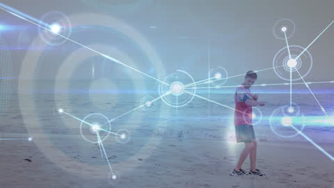 Boy Interacting with Digital Network Interface on Beach