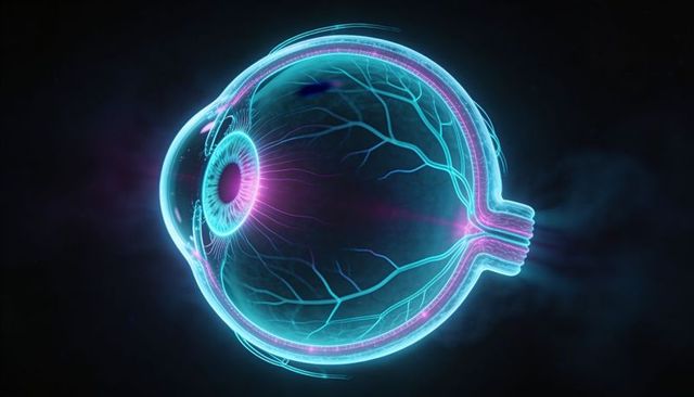 Neon 3d cross-section eye showing cornea lens retina optic nerve and translucent vessels