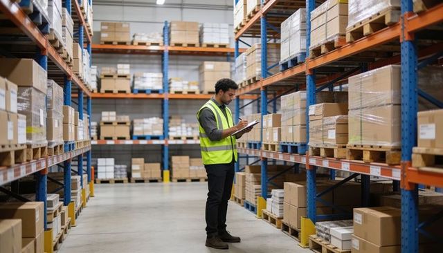 Warehouse worker conducting inventory audit in organized pallet racking aisle