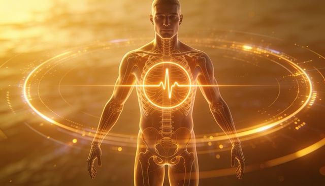 Translucent male anatomical model revealing skeleton and glowing ecg waveform in amber hud
