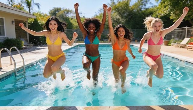 Friends jumping into backyard pool in colorful bikinis splashing summer joy under sun