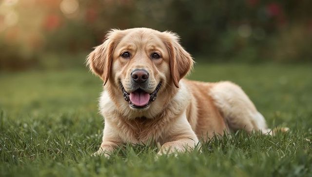 Happy Golden Retriever Puppy Relaxing on Sunlit Lawn