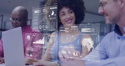 Diverse Team Collaborating with Futuristic Financial Analytics Display