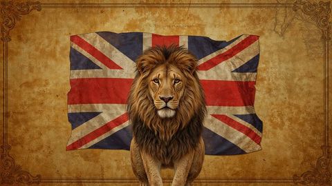 Regal lion with weathered british empire flag background