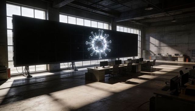 Industrial control room with giant led display showing virus graphic in sunlit warehouse