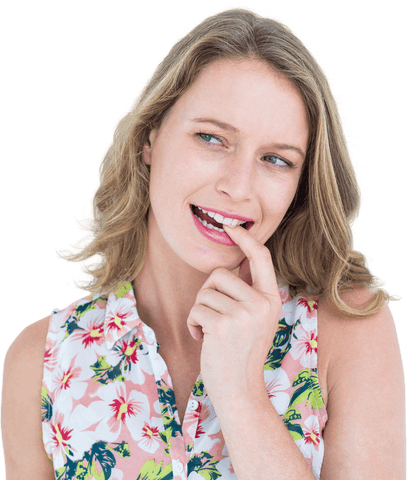 Transparent Background of Smiling Woman Biting Finger Thoughtfully