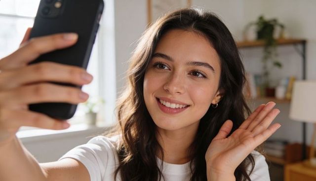 Young woman waving and taking selfie with smartphone in bright living room natural light