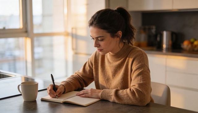 Young woman writing journal at kitchen table in cozy morning light, planning and focusing