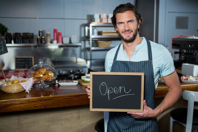 Portrait of male staff holding a board with open sign in coffee shop