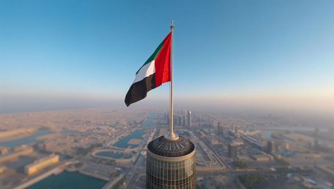 Uae flag waving atop glass-domed skyscraper overlooking coastal cityscape and waterways