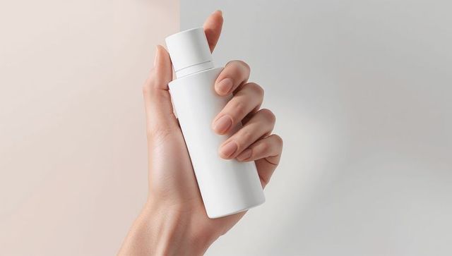 Hand Holding Elegant Skincare Bottle on Minimalist Background
