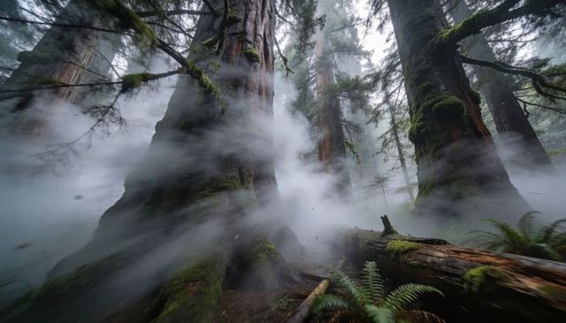 Misty Ancient Redwood Forest with Towering Moss-covered Trunks and Fern-carpeted Floor