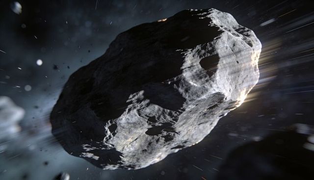 Hurtling cratered asteroid tumbling through deep space with debris streaks and sun flare