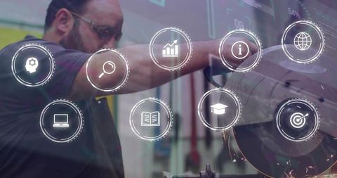 Industrial worker cutting metal with angle grinder wearing safety goggles with HUD icons