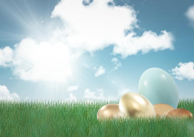 Digital composite of Blue easter egg with gold eggs on the grass