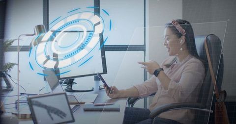 Office worker engaging with advanced holographic interface