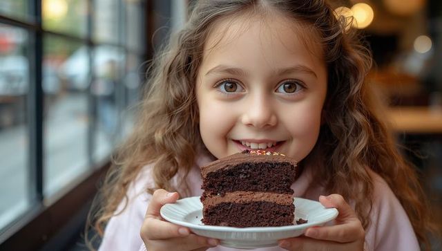 Joyful Child Enjoying Chocolate Cake in Cozy Café