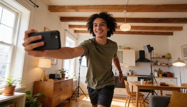 Smiling creator filming with smartphone in sunlit midcentury kitchen home studio vibes vlogging