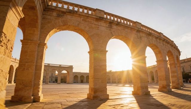 Golden sunlight streaming through curved sandstone arcade at golden hour with sunburst