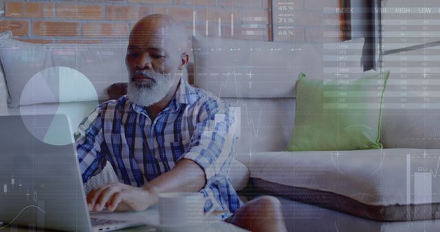 Senior man engaging in online trading activities with his laptop in a cozy living room. Suitable for content related to retirement planning, online business, financial independence, home office setups, and personal investing.