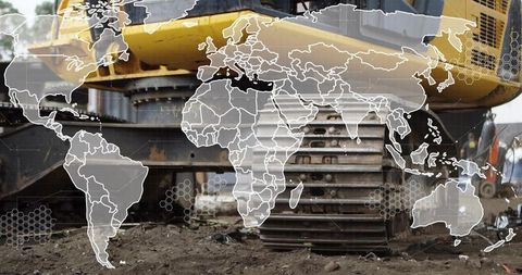 Excavator tracks on muddy site with world map overlay