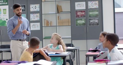 Engaged Students Learning in Modern Classroom with Asian Teacher