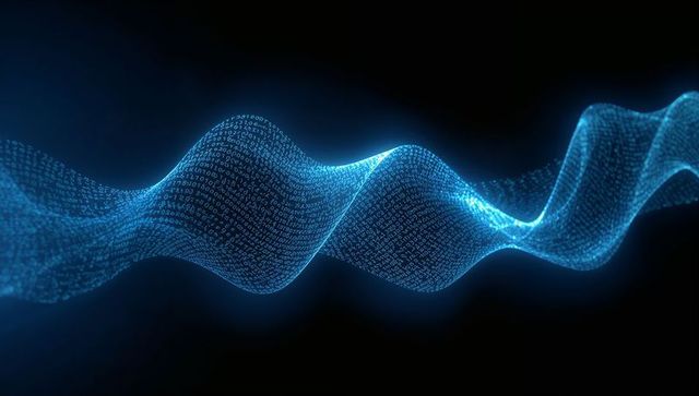 Glowing Blue Binary Wave Flowing Through Dark Space for Data Visualization and AI Concepts