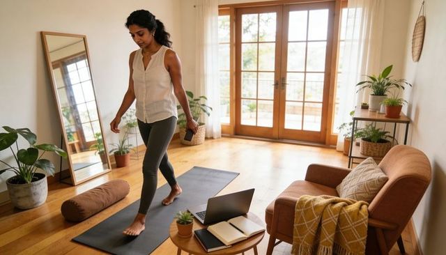 Practicing at-home yoga while checking smartphone with laptop in plant-filled minimal space