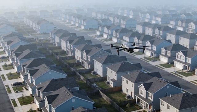 Drone hovering over suburban subdivision in morning mist showing rows of houses and fences