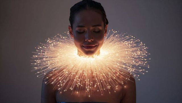 Woman wearing fiber optic collar neckpiece glowing halo light portrait meditative glamour