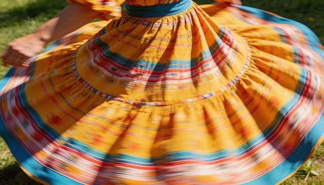 Spinning folkloric skirt twirling yellow tiered dress with teal sash and colorful stripes