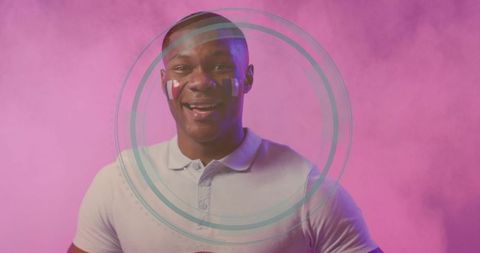 Smiling Male with Face Paint and digital overlay futuristic Background