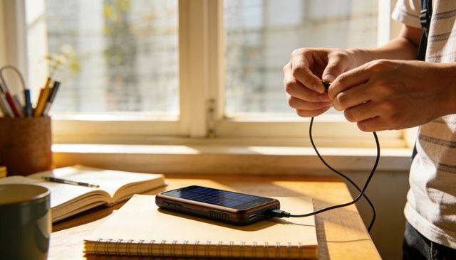 Hands plugging cable into solar power bank on sunlit wooden desk with notebook