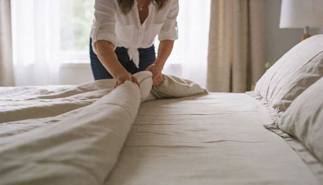 Woman making bed with linen duvet in sunlit minimalist bedroom for cozy home