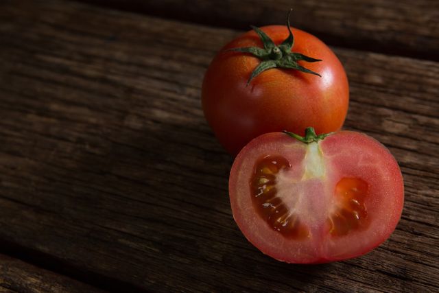 Close-up of tomato on wooden table