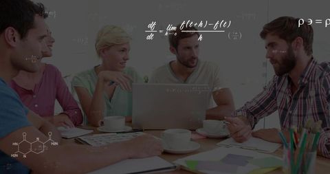 Office Team Discussing Strategy with Graphs and Equations