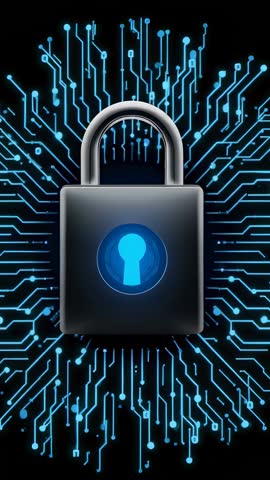 Vertical cybersecurity lock animation showing neon circuit protection and data encryption