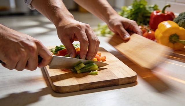 Hands slicing colorful bell peppers on wood board for home cooking with chef knife